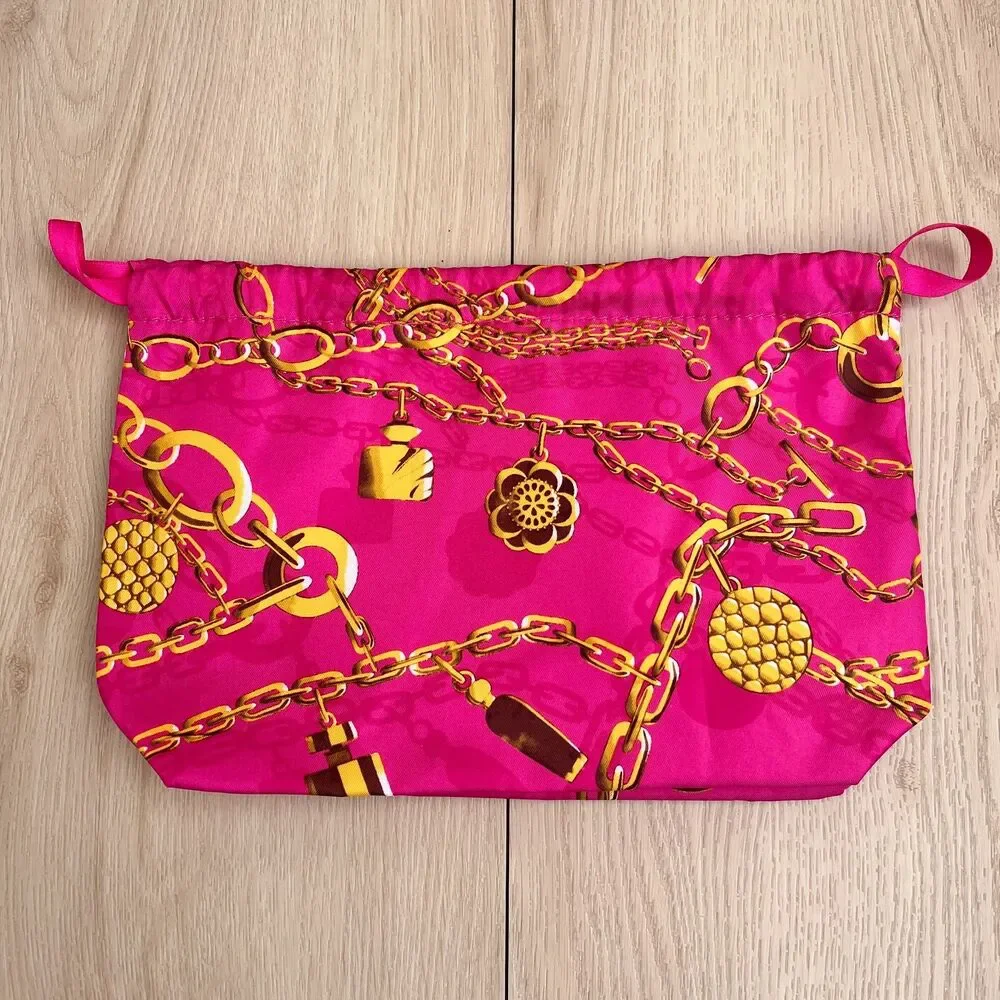 Estee Lauder Fuchsia Pink Gold Chain 90s Pattern Drawstring Makeup Bag